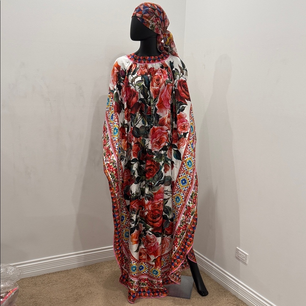 Dolce & Gabbana Silk Rose Caftan Dress + Matching Scarf IT42 Luxury Resort
